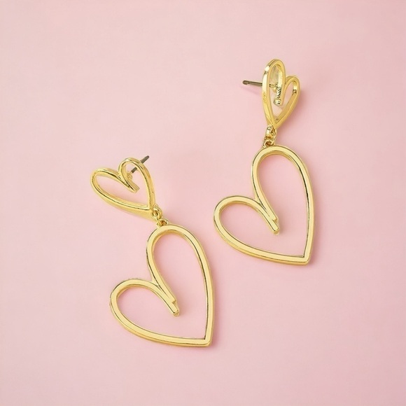 Gold Heart Double Love Earrings Dangle Drop Cutout Hearts Nwt - Picture 3 of 6